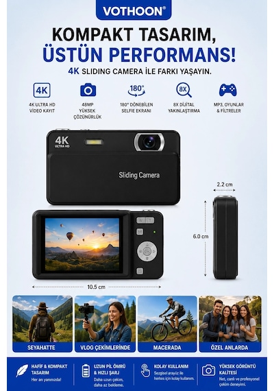 Dijital Kamera 4k Hd 48mp 16x Zoom Flaşlı Kayar Retro Video Kamera 2.8 Ekran 64gb Sd Kart li Siyah
