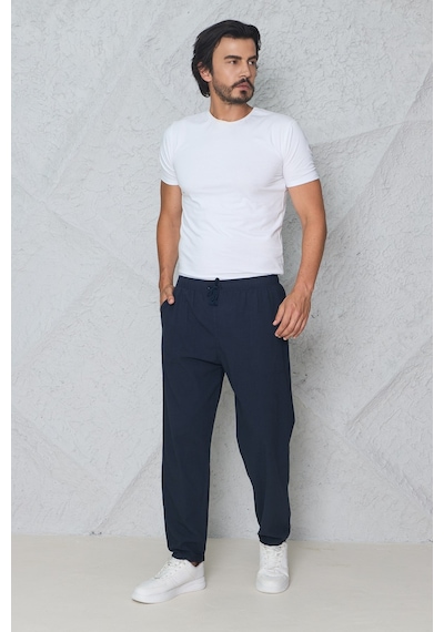Blayn Jeans Erkek Haki Jogger Pantolon Beli Lastikli Bağcıklı %100 Pamuk Keten Baggy Rahat Günlük Pantolon lacivert