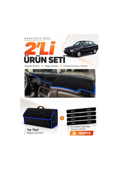 E-biz Opel Astra F Airbagli 1991-1998 Uyumlu Torpido Örtüsü + Tay Tüyü Çanta - Siyah-mavi - Op001