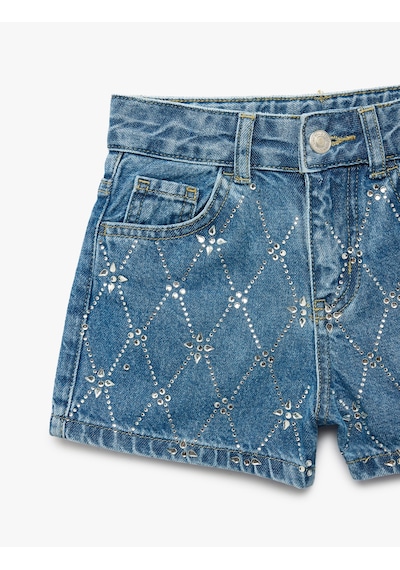 Koton Slim Fit Pamuklu Cepli Taş Detaylı Mini Denim Şort Orta İndigo 6skg40007ad