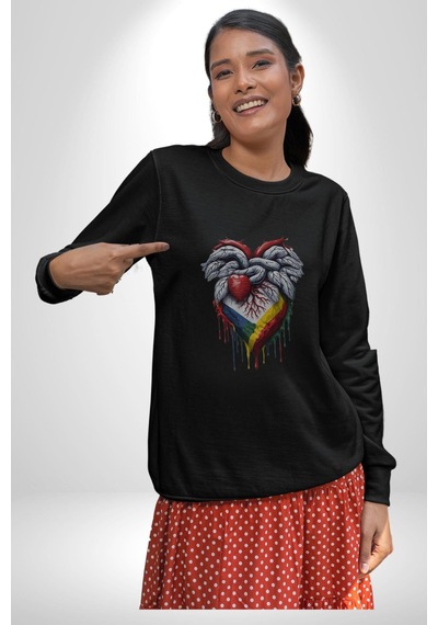Kalp Damar Renkli Boyalı Unisex Siyah Baskılı Sweatshirt Siyah
