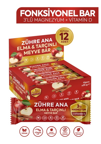 3'lü Magnezyum Ve Vitamin D İçeren Meyve Bar, Şeker İlavesiz Elma Ve Tarçınlı 35 Gr X 12 Adet