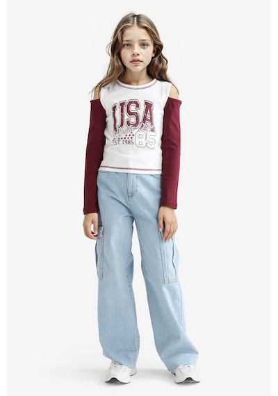 Defacto Kız Çocuk Okula Dönüş Slim Fit Dar Kesim Bisiklet Yaka Slogan Baskılı Ribana Uzun Kollu Tişört F7582a825auer105 Ekru