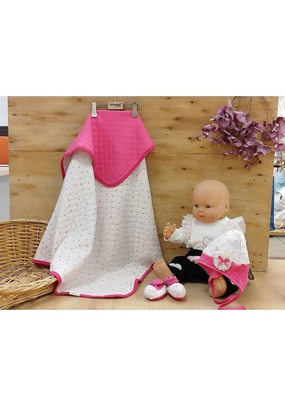 Şapka & Ayakkabılı Kapitone Bebek Battaniyesi - Pembe Puset & Bebek Arabası Örtüsü - %100 Pamuklu Fuşya