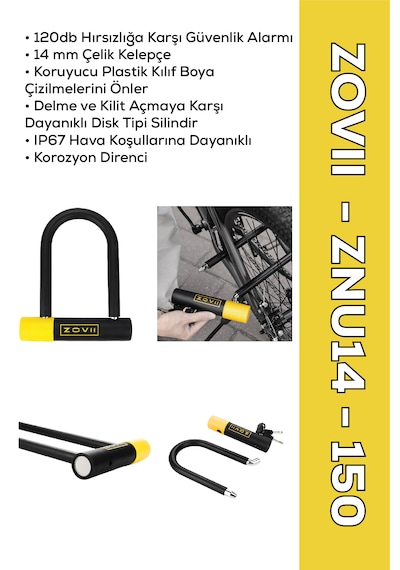 Znu14-150 Sarı 120 Db Alarmlı Motosiklet U Kilidi - 14 Mm Çelik, Korozyon Dirençli, Ip67 U Kilit