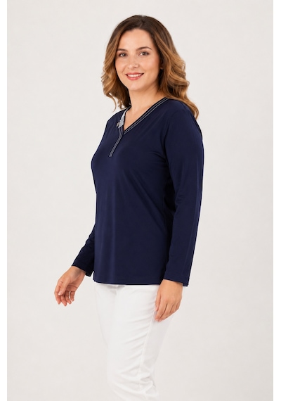 Bihan Store Kadın V Yaka Yaka İşlemeli Penye Bluz Y26-641 Lacivert