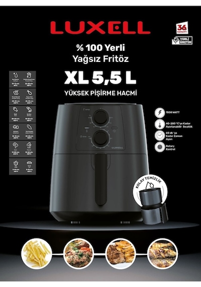 Luxell LX-FC5130 Airfry Yağsız Sıcak Hava Fritözü 5,5 LT