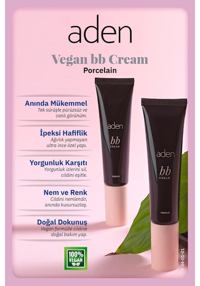 Aden Bb Cream Vegan - Vegan Bb Krem 01 Porcelain Porselen 0