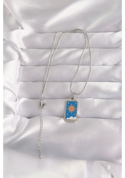 316l Çelik Gümüş Renk Mavi Mineli Güneş Model Tarot Kolye - Tj-bko9042