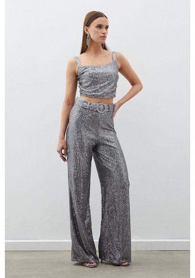 Sateen Kemerli Payet Pantolon - Gümüş