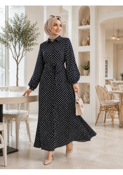 %100 Pamuklu-puantiye Desenli Mango Kumaş Kuşaklı Gömlek Elbise Yan Cepli 135 Cm Siyah