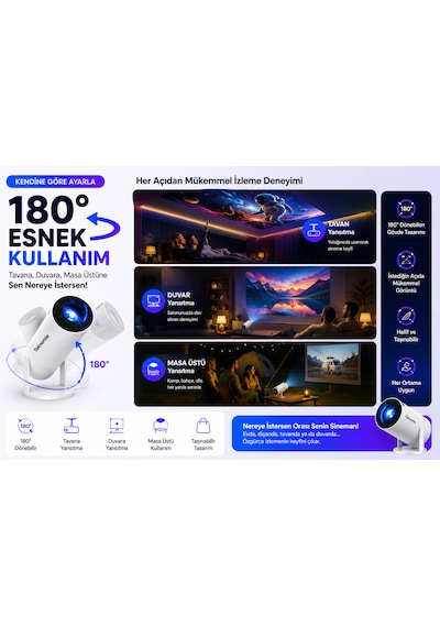 Teknomie Mini Projeksiyon Cihazı 1080p Full Hd Wifi 6 Bluetooth 5.2 180 Döner Akıllı Projektör