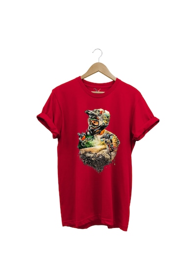 Bisiklet Dağ Tırmanışı Kask Ve Bisiklet Orman Detay Tasarım Basklılı %100 Pamuk Regular Fit T-shirt Kırmızı