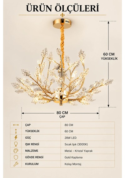 Modern Premium Sarmaşık Yaprak Detaylı Gold Led Avize Salon Yemek Odası Sarkıt Avize 28w