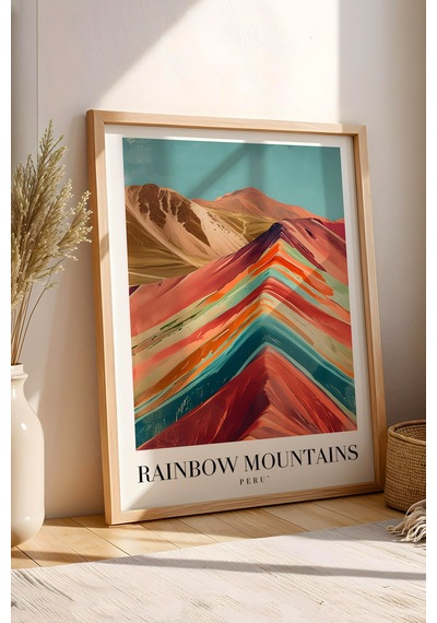Rainbow Mountains Peru Vintage Seyahat Posteri Çerçeveli Tablo - Premium Gökkuşağı Dağları Dekor Kayın