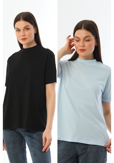 Kallima Siyah-Mavi 2'Li Paket Dik Yaka Rahat Kalıp  Pamuk T-Shirt Siyah - Mavi