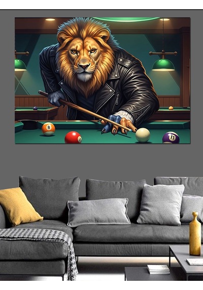 Bilardo Masasında Aslan Adam Dekoratif Kanvas - Mdf Ahşap Tablo