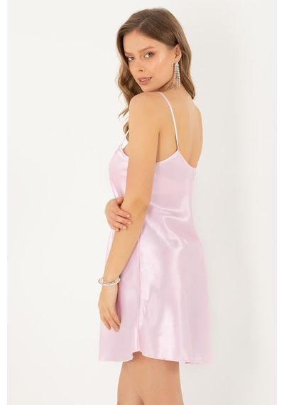 İnce Askılı Güpürlü Mini Saten Gecelik,pembe 2xl,33165385 Açık Bej - Beyaz