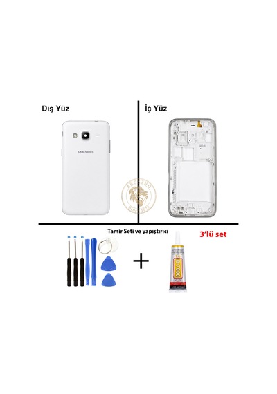Samsung Galaxy J2 Beyaz Renk Lensli Kasa + Tamir Seti + B7000 Yapıştırıcı Orta Kasa Gövde Full Kasa Kapak Middle Frame Housing Galaxy J2 Uyumlu 59749589