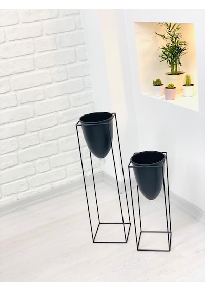 Siyah Renk 2'Li Metal Ayaklı Saksı Çiçeklik (468977549)