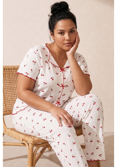 Siyah İnci Beden Fitilli Kaşkorse Örme Pijama Takım26120851 Beyaz Kiraz