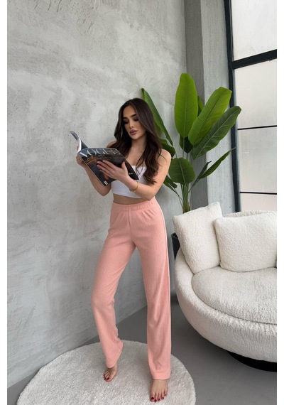 Kadın Yavruağzı Yüksek Bel Fitilli Bol Paça Günlük İnce Eşofman Altı Pijama Yavruağzı
