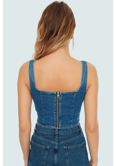 Ersefa Pamuklu Denim Bluz Crop Kesim Kare Yaka Yazlık Kaliteli İşçilik Z Mavi