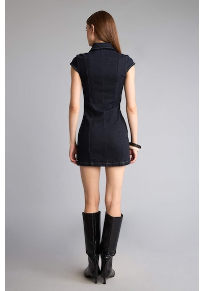 Defacto Gömlek Yaka Fermuarlı İndigo Mini Jean Elbise H6340ax26aunm82 Mavi-nm82