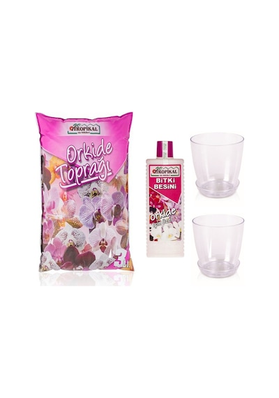 Orkide Toprağı . Orkide Besini 225 ML 2 Adet Şeffaf Saksı 1.5 L