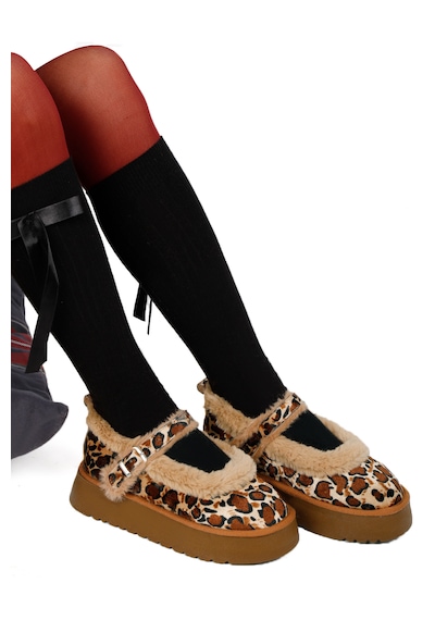 Leopar Kadın Kalın Taban İçi Kürklü Peluş Babet Ayakkabı Leopar