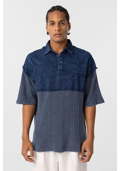 Vamos Yıkamalı Triko Oversize Polo Yaka Tişört V70-53 İndigo