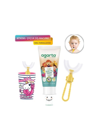 Mas Lord U Tipi Yeni Nesil Diş Fırçası Seti - Pembe Fırçalık + Sarı Kelebek 6-12 Yaş +Agarta Çocuk Diş Macunu