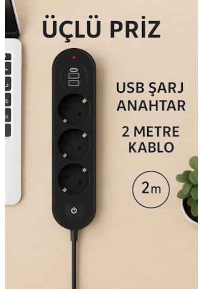 3 Lü Priz 2 Usb-a + 1 Usb-c Termal Akım Korumalı, 2500w Güç, Aç/kapa Anahtarlı, Isıya Dayanıklı