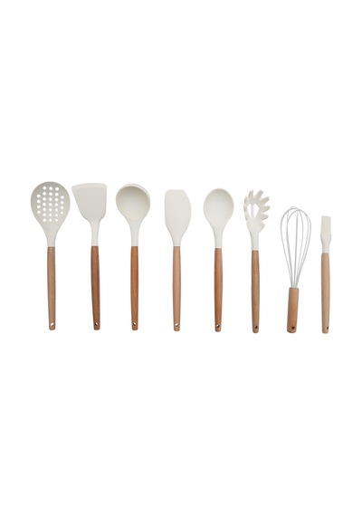 8 Parça Bambu Saplı Silikon Kepçe Spatula Mutfak Seti Krem