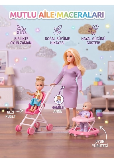 Hamile Anne Ve Bebekleri 3 Bebekli Dönen Karınlı Haraketli Eklemli Aksesuarlı Oyuncak Bebek Seti Sarı