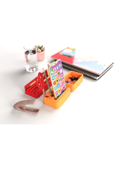 Idy Arc - Desk Organizer Mıknatıslı Çok Bölmeli Masaüstü Düzenleyici Ve Telefon Standı Turuncu - Kırmızı