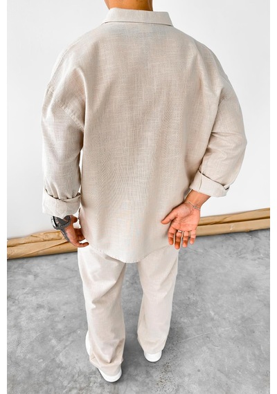 Taş Premium Keten Basic Oversize Gömlek Taş