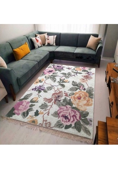Çiçek Kaymaz Tabanlı Yıkanabilir Halı Kilim Yolluk Pembe Yeşil Pembe