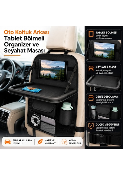 Polham Oto Koltuk Arkası Tablet Bölmeli Organizer, Katlanabilir Seyahat Masası, Çok Bölmeli Araç İçi Düzenleyici