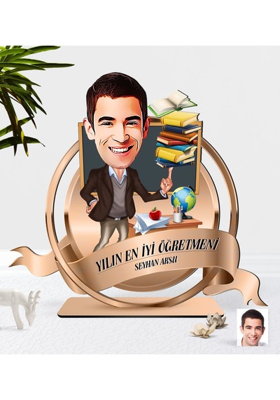 Kişiye Özel Yılın En Iyi Erkek Öğretmeni Karikatürlü 3D Ahşap Bib N11.3463