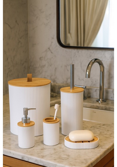 Makri Home 5 Parça Yuvarlak Banyo Seti, Bambu Kapaklı, Beyaz, Hacim: 7 Litre Beyaz