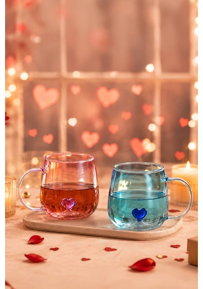 Porsima Pbt-707 Dream Love Hearts - 400ml Romantik Kalp Tasarımlı 2'li Renkli Borosilikat Cam Kupa Seti Şeffaf