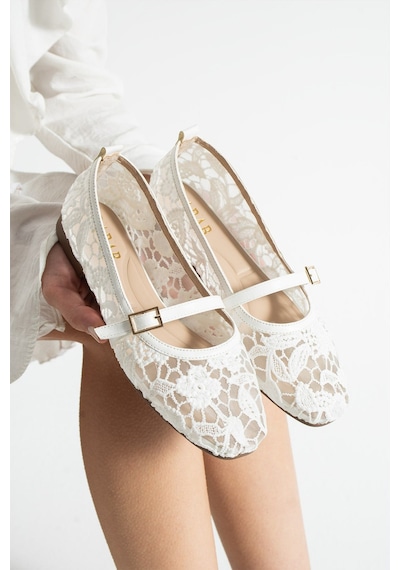 Dabab Shoes Merına Kadın Beyaz Düz Babet Dantel Dokuma Çiçek Desenli Tokalı Düz Ayakkabı