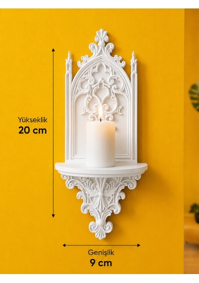 Gotik Katedral Duvar Şamdanlığı Dekoratif Mumluk Duvara Monte Gotik Duvar Dekoru 20x9 Cm Beyaz