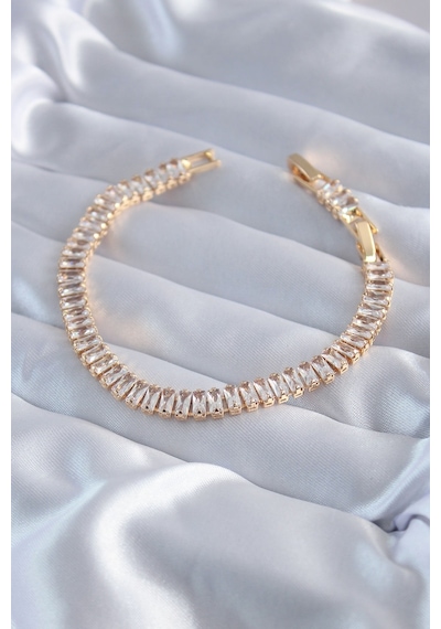 Pirinç Gold Renk Zirkon Taşlı Baget Model Kadın Bileklik Çok Renkli