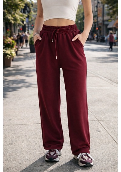 Winmoda34 Kadın Trend Bol Paça Modal Kumaş Eşofman Altı Çift Cepli Wide Leg Bordo