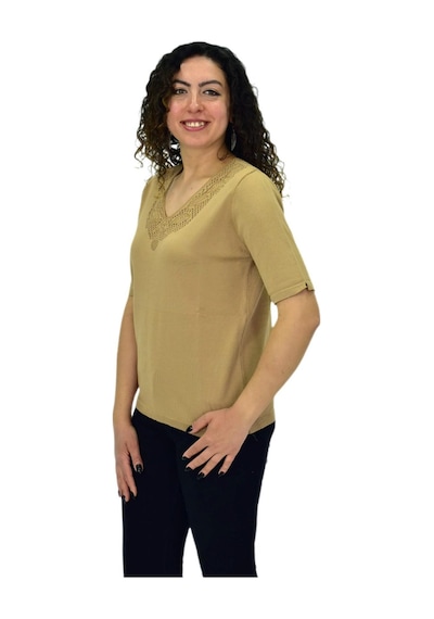 Kadın Yarım Kol V Yaka Yaka Sırt Detaylı Triko Tişöt 12837 Bgl-st04658 Camel
