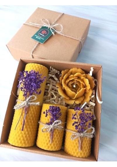 Balmumu Mum Dekoratif Hediye Kutusu 4 Lü Set Doğal Petek Beeswax Candle Açmış Gül Mor Süslenmiş Açmış Gül Diğer