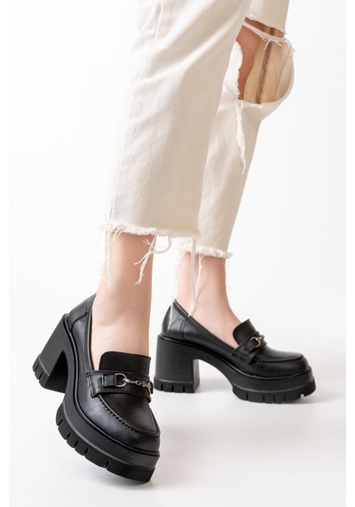 Asmi Shoes Kadın Cilt Tokalı 8 Cm Yüksek Topuklu Leofer Siyah Siyah