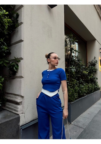 Byb Moda Tasarım Düğme Yakalı Saks Alt Üst Takım S3943 Saks